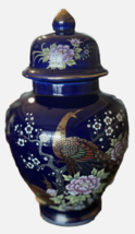  Peacock Floral Porcelain Cobalt Blue Lidded Vase Ginger Jar. - $23.38