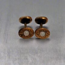 Vintage Gold Tone Oval Cufflinks – Faux Moonstone Center with Engraved D... - $37.13