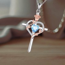 Rose Cross Necklace 925 Sterling Silver Crucifix Pendant Love Heart Necklace Gif - £93.95 GBP