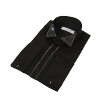 Men CEREMONIA Formal Cotton Shirt Rhinestone Slim Fit Turkey #ATS 115 Black image 3