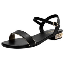  leather sandals low heel buckle strap ladies open toe black beige metal decoration new thumb200