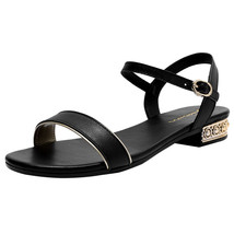 Women Genuine Leather Sandals Low Heel Buckle Strap Ladies Open Toe Black Beige  - £25.03 GBP