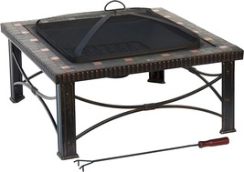 Large, Slate/Copper Hiland Ft.-51161 Wood Burning Fire Pit With Poker And Mesh - £152.56 GBP