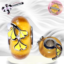 925 STERLING SILVER Yellow Flower Leaf Murano Glass Bead Charm US SELLER - $18.80