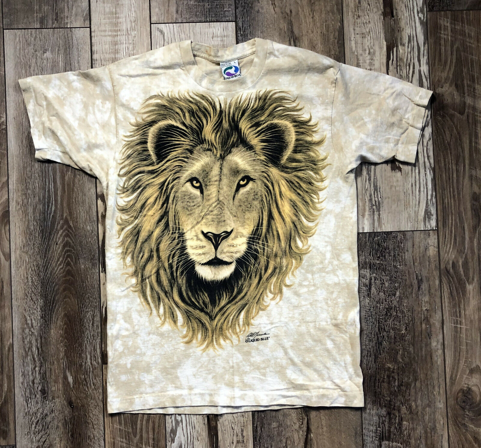 Primary image for Vintage Liquid Blue Lion T- shirt by Rich Normurdin - Africa 1994 Tan - Size L