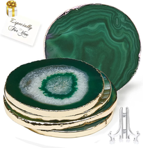 Green Agate Coasters Set of 4,Natural Geode Coasters Agate Slices Gold Rim 4-3.5 - £44.99 GBP