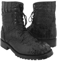 Mens Motorcycle Leather Boots Alligator Skin Black Biker Combat Boots Lace Up - £721.15 GBP