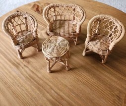 Vintage Barbie Doll Furniture Patio Set Loveseat 2 Chairs 1 Table Wicker Rattan* - £11.40 GBP