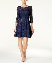 SL Fashions Sequined Lace Fit &amp; Flare Dress Navy Size 12 - £38.56 GBP