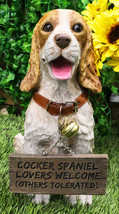 Tan And White English Cocker Spaniel Dog With Welcome Jingle Collar Sign Statue - £44.09 GBP