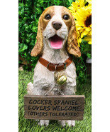 Tan And White English Cocker Spaniel Dog With Welcome Jingle Collar Sign Statue - $54.99