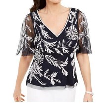 Adrianna Papell Womens 4 Midnight Ivory Beaded Embellished Mesh Top NWT BF75 - £51.06 GBP