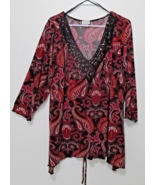 Size 26/28 Fashion Bug Top Red Black White Paisley Sequin V-neck Tie 3/4... - $154.97 MXN Size 26/28 Fashion Bug Top Red Black White Paisley Sequin V-neck Tie 3/4... - $154.97 MXN