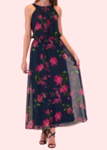 Robbie Bee Women's Halter Blouson Sleeveless Maxi Dress Sz: 6 - Navy Mul... - $35.15