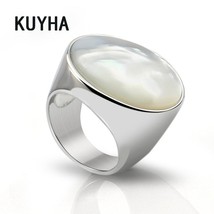 Vintage Simple Big Round Ring Stainless Steel Jewelry Delicate White Pearl Opal  - £13.80 GBP