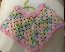 PONCHO SHRUG TODDLER HAND CROCHETED VARIEGATED RAINBOW &amp; PINK W/ROSE 3 TO 5 - $25.00