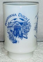  Milk Glass Pennsylvania Dutch Land Mug Too Oldt Schmardt Amish Blue Design Vntg - £14.42 GBP