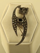 Vintage Sterling Silver 925 Modern Kitty Cat Black Onyx and Marcasite Pin Brooch - £32.15 GBP