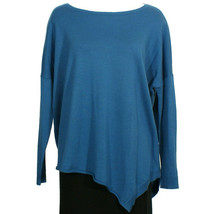 EILEEN FISHER Nile Blue Merino Wool Jersey Asymmetrical Boxy Sweater S - £95.61 GBP