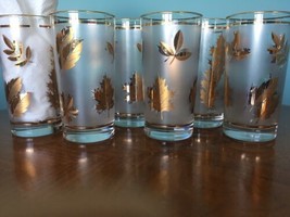 6 Vintage Libbey Frosted Foliage Gold Leaf Hi-Ball Glasses EXCELL! - £45.84 GBP