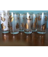 6 Vintage Libbey Frosted Foliage Gold Leaf Hi-Ball Glasses EXCELL! - £45.18 GBP
