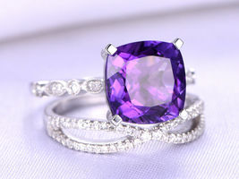 4.16Ct Cushion Cut Solitaire Amethyst Engagement Bridal Ring 14k White Gold Over - £66.59 GBP