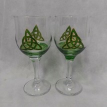 Celtic Trinity Symbol Knot Crystal Wine Glasses Goblets Water Set 2 Green Gold - £18.43 GBP