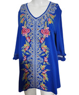 NEW Calessa Tunic Size XL  Blue Embroidered V-Neck 3/4 Sleeve A-Line Blo... - $38.49