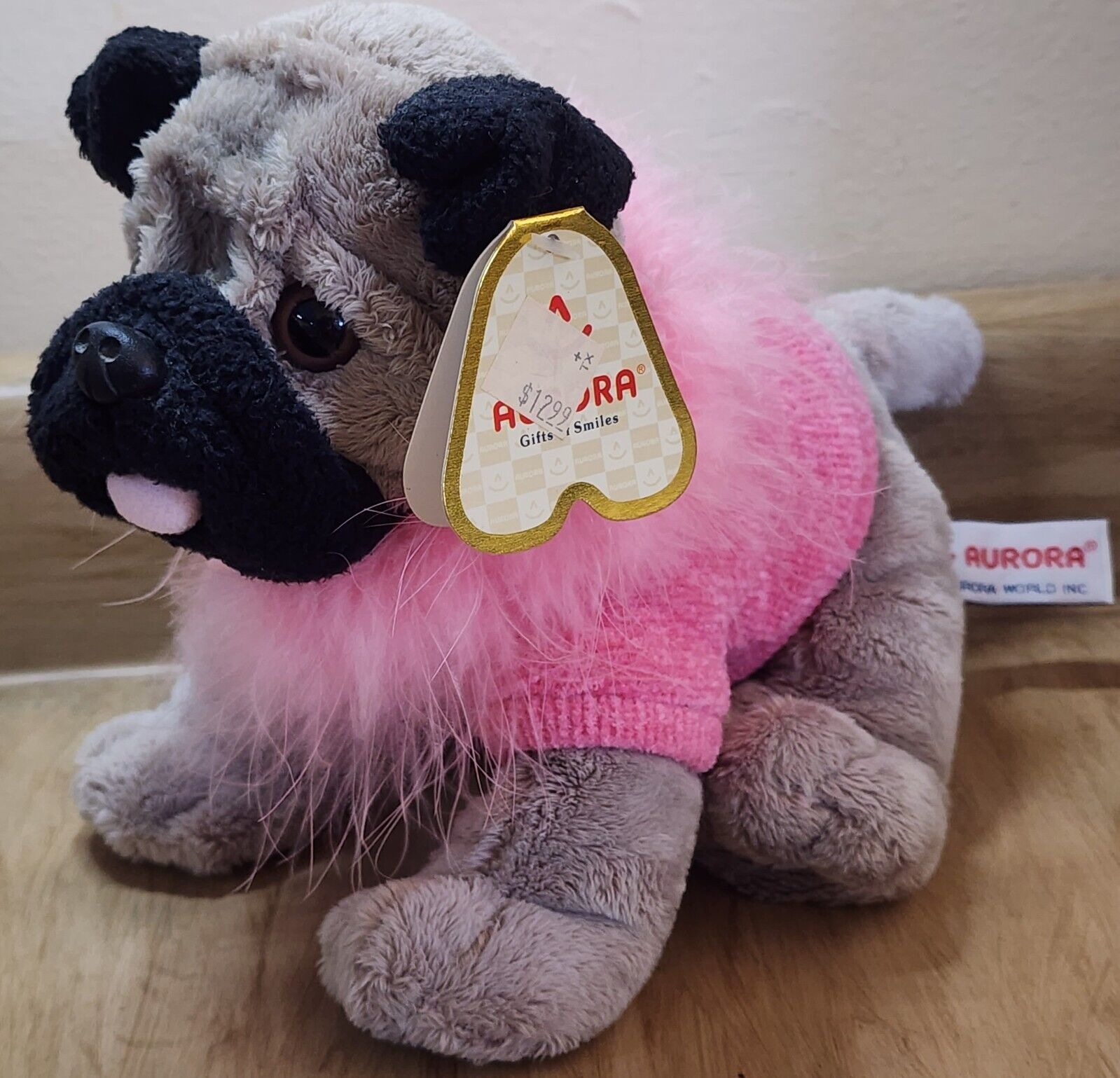 Primary image for Aurora World Inc. Stuffed Animal Pug Puppy Dog In Fuzzy Pink Sweater With Tag
