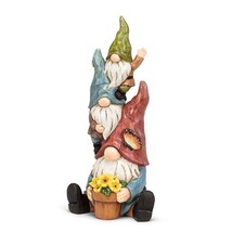 Waving Gnomes Trio Figurine 13&quot; High Stacked Garden Decor Multicolor Resin - $45.53