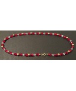 Beaded necklace; red, clear, and gold; gold spring ring clasp, two lengths - £12.84 GBP