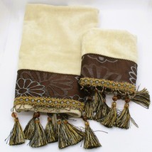 Decorative Bath 3 pc Towel Set Croscill Brown Border Blue Floral Beads - $14.85