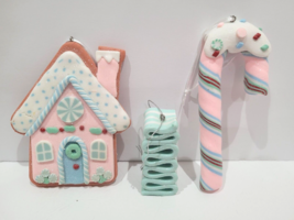 Christmas Pastel Gingerbread House Candy Cane Cookie Candy Ornaments Set of 3 - £31.74 GBP