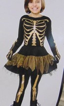 Girls Gold Skeleton Black Shirt Skirt Leggings Gloves 5 Pc Halloween Costume-4/6 - £21.43 GBP
