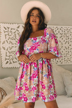 Rose Summer Floral Square Neck Puff Sleeve Babydoll Dress - $19.04