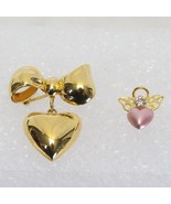 Heart Pin Brooches Pins Gold Tone With Bow and Pink w/Angel Wings Lot of 2 - $143.59 MXN