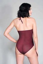 High Neck Scalloped Trim Lace Teddy With Sheer  Back - One Size - Burgundy - £30.46 GBP