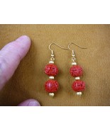 EE400-3 Red CINNABAR flower wooden round double beaded dangle hook earri... - $19.30 CAD