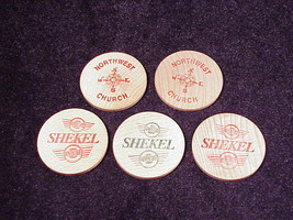 Lot of 5 Northwest Church Shekel Wooden Tokens from Washington State - £6.35 GBP
