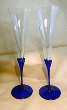 2 COLONY Glasses Flutes Wine Champagne Amaryllis Stem Cobalt Blue 11.2" tall set - $46.05