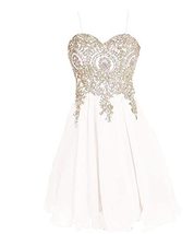 Spaghetti Straps Short Beaded Gold Lace Prom Dress Homecoming Gowns Little White - £68.82 GBP