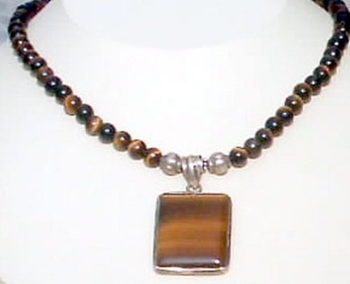 Tiger&#39;s Eye Beads and Square 925 Pendant in 16 inch Necklace - $38.00