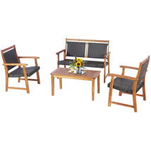 Patio 4Pcs Rattan Furniture Set Acacia Wood Frame Sofa Loveseat Garden - £325.91 GBP