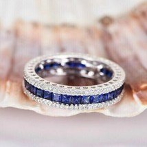 2.40Ct Princess Cut CZ Blue Sapphire Wedding Band 14K White Gold Plated - £112.10 GBP