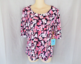 CeCe top blouse scoop neck Small blue white multi floral elbow sleeves New - $22.49