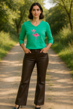 Margaux &amp; Lexi Womens Top M Teal Flamingo Graphic V-Neck 3/4 Sleeve Embe... - $24.99