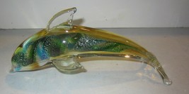 Blue green glitter Art Glass Dolphin Paperweight figurine - £25.55 GBP