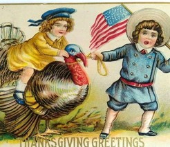 Paitrotic Children US Flag Riding Turkey Victorian Thanksgiving Holiday Postcard - £10.43 GBP