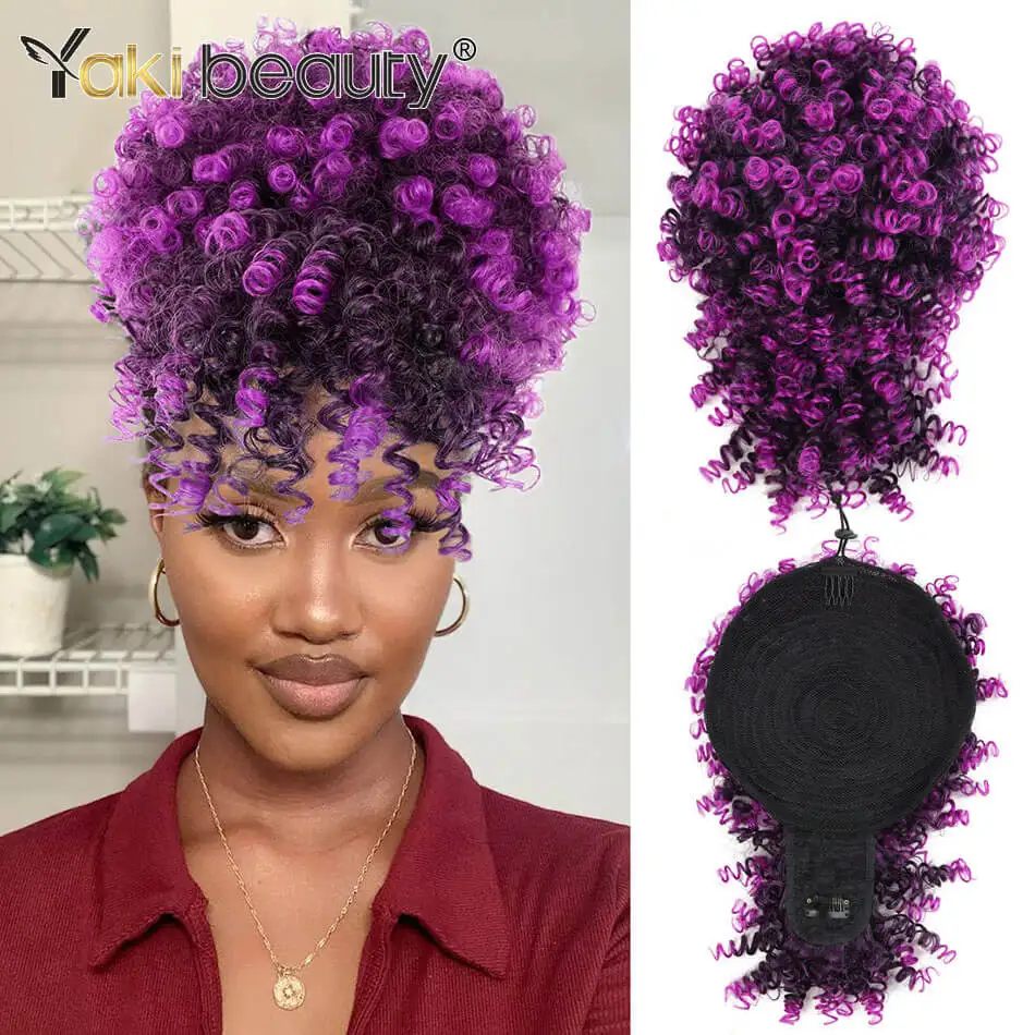 Afro Puff Drawstring Ponytail with Bangs Pineapple Updo Hair for Black Women - £14.02 GBP