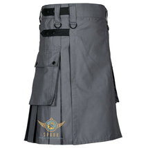 Grey Cotton Scottish utility kilt Two Cargo Pockets Leather Strap kilt For men - £39.83 GBP